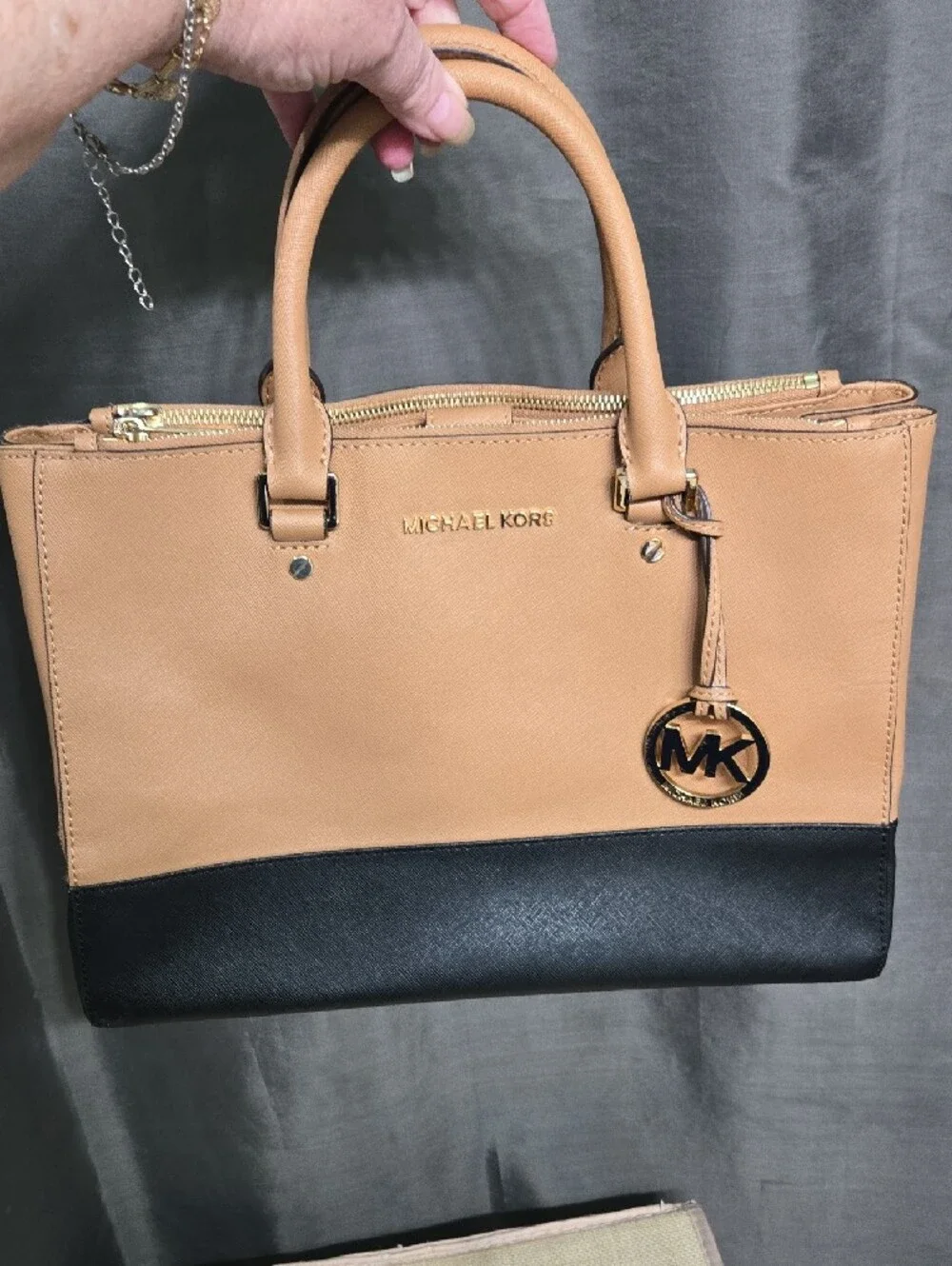 SALE! Michael Kors Beige and Black Leather Satchel with Gold MK Charm